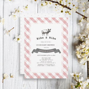 Bibs & Ribs Rustic Pink Gingham Co-Ed Baby Shower Invitation