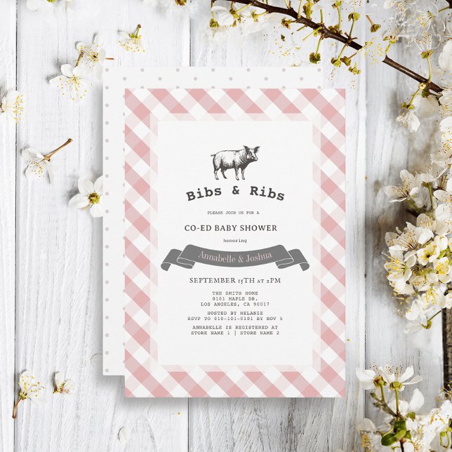 Bibs & Ribs Rustic Pink Gingham Co-Ed Baby Shower Invitation (Creator Uploaded)