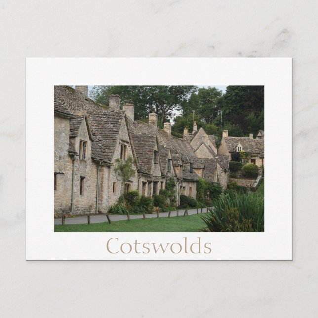 Bibury cottages with text postcard (Front)
