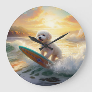 Bichon Frise Beach Surfing Painting  Large Clock