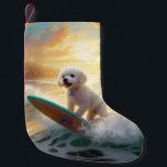 Bichon Frise Beach Surfing Painting  Small Christmas Stocking<br><div class="desc">Immerse yourself in the playful world of canine adventure with this captivating painting. A spirited dog takes to the waves, skilfully riding the surf on a sun-kissed beach. The vibrant artwork beautifully captures the essence of beachside excitement as the dog fearlessly rides the waves, embodying the spirit of fun and...</div>