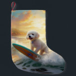 Bichon Frise Beach Surfing Painting  Small Christmas Stocking<br><div class="desc">Immerse yourself in the playful world of canine adventure with this captivating painting. A spirited dog takes to the waves, skilfully riding the surf on a sun-kissed beach. The vibrant artwork beautifully captures the essence of beachside excitement as the dog fearlessly rides the waves, embodying the spirit of fun and...</div>