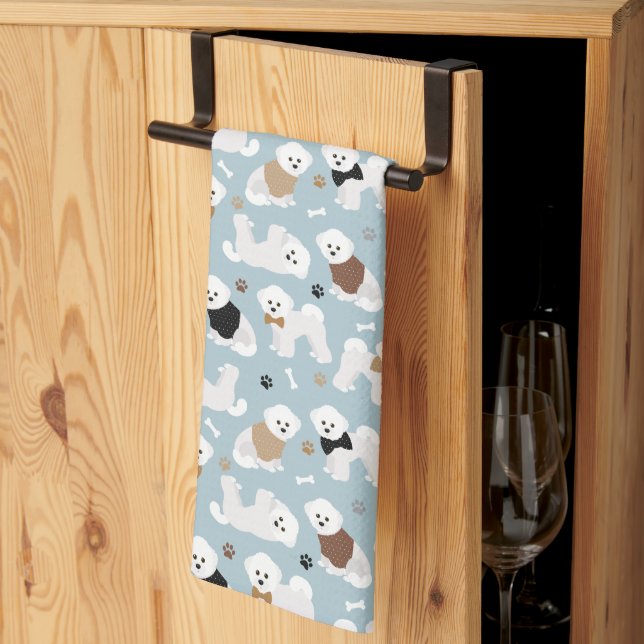 Bichon Frise Bones and Paws Blue Kitchen Towel (Thirds Fold)