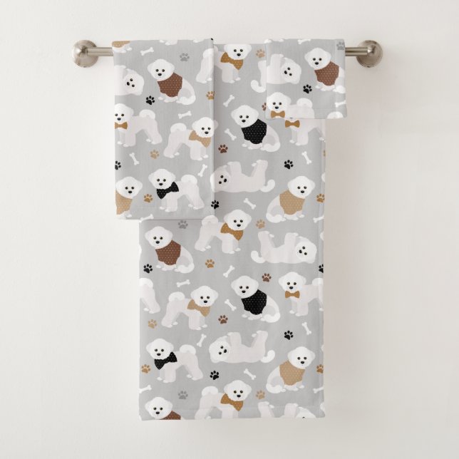 Bichon Frise Bones and Paws Grey Bath Towel Set (Insitu)