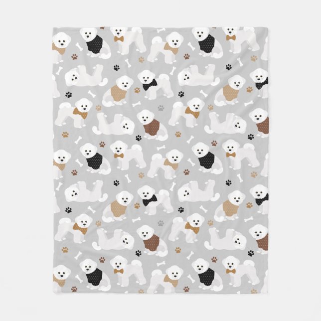 Bichon Frise Bones and Paws Grey Fleece Blanket (Front)