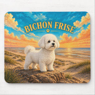 Bichon Frise, Cape Beach Vintage Watercolor Mouse Pad