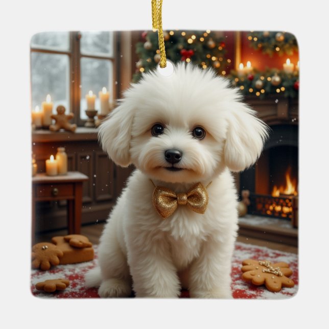 Bichon Frise Christmas Art Ceramic Ornament (Front)