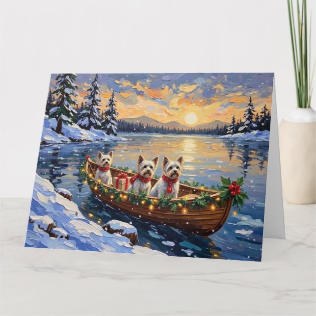 Bichon Frise Christmas Boat Holiday Card (Front)