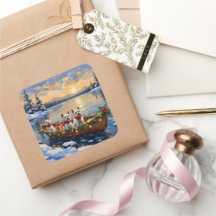 Bichon Frise Christmas Boat Holiday Square Sticker