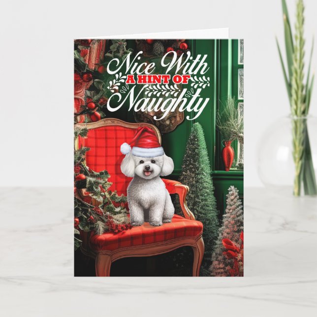 Bichon Frise Christmas Dog Naughty or Nice Holiday Card (Front)