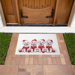 Bichon Frise Christmas Dress Santa Hat Doormat
