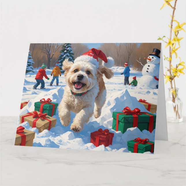 Bichon Frise Christmas Festive Snow Scene Card (Yellow Flower)