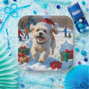 Bichon Frise Christmas Festive Snow Scene Paper Plate