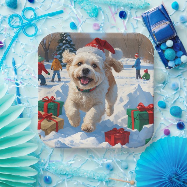 Bichon Frise Christmas Festive Snow Scene Paper Plate (Party)