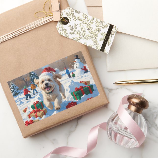 Bichon Frise Christmas Festive Snow Scene Rectangular Sticker (Gifting)
