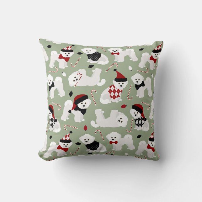 Bichon Frise Christmas Green Throw Pillow (Front)