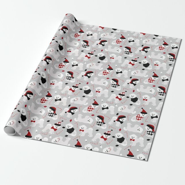 Bichon Frise Christmas Grey Wrapping Paper (Unrolled)