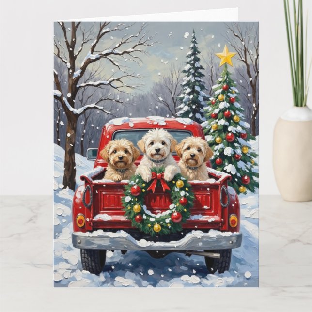 Bichon Frise Christmas Red Truck Holiday Card (Front)