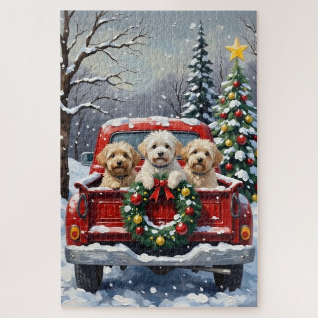 Bichon Frise Christmas Red Truck Holiday Jigsaw Puzzle (Vertical)