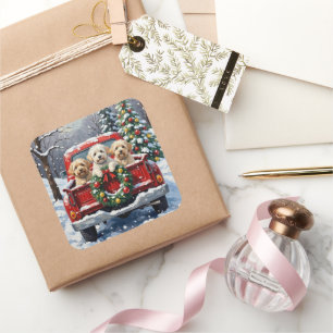 Bichon Frise Christmas Red Truck Holiday Square Sticker