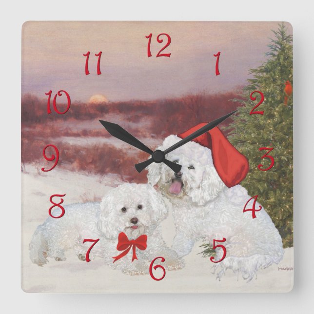 Bichon Frise Christmas Square Wall Clock (Front)