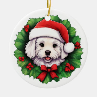 Bichon Frise Christmas Wreath Ceramic Tree Decoration