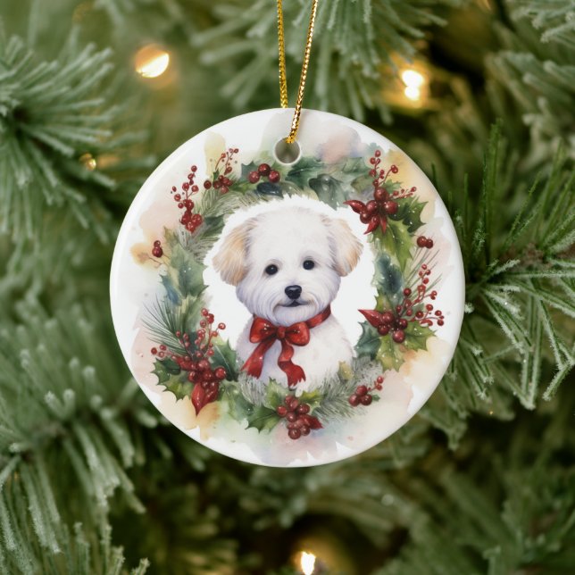 Bichon Frise Christmas Wreath Festive Pup Ceramic Tree Decoration (Tree)