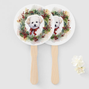 Bichon Frise Christmas Wreath Festive Pup Hand Fan