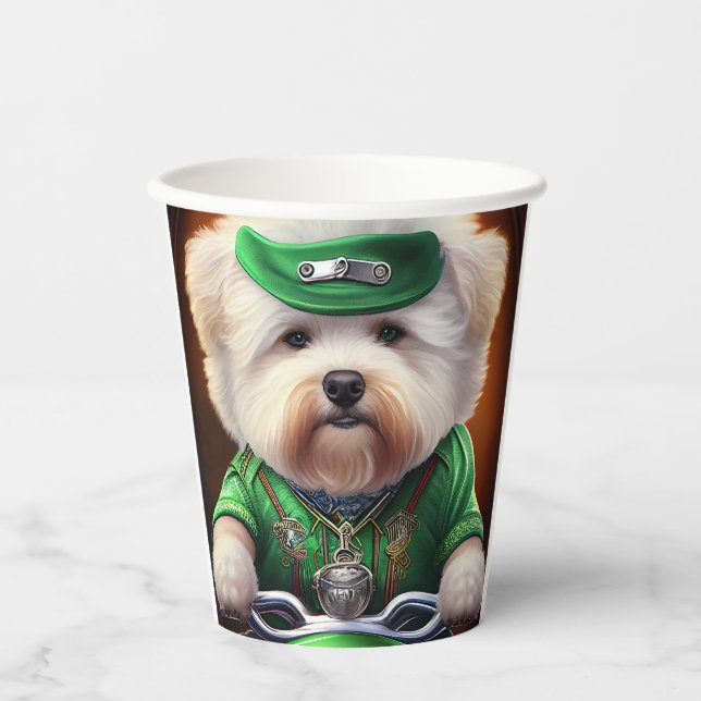 Bichon Frisé Dog Driving Bike St. Patrick's Day Paper Cups (Front)