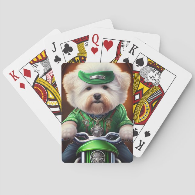 Bichon Frisé Dog Driving Bike St. Patrick's Day Playing Cards (Back)