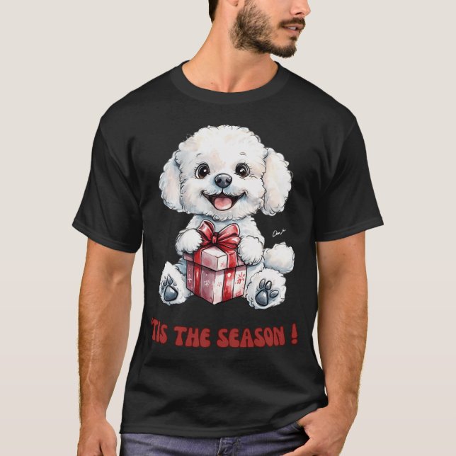 Bichon Frise Dog Holding Christmas Present T-Shirt (Front)