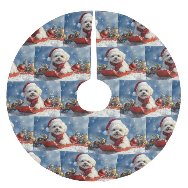 Bichon Frise Dog in Sledge Let it Snow Christmas  Brushed Polyester Tree Skirt (Front)