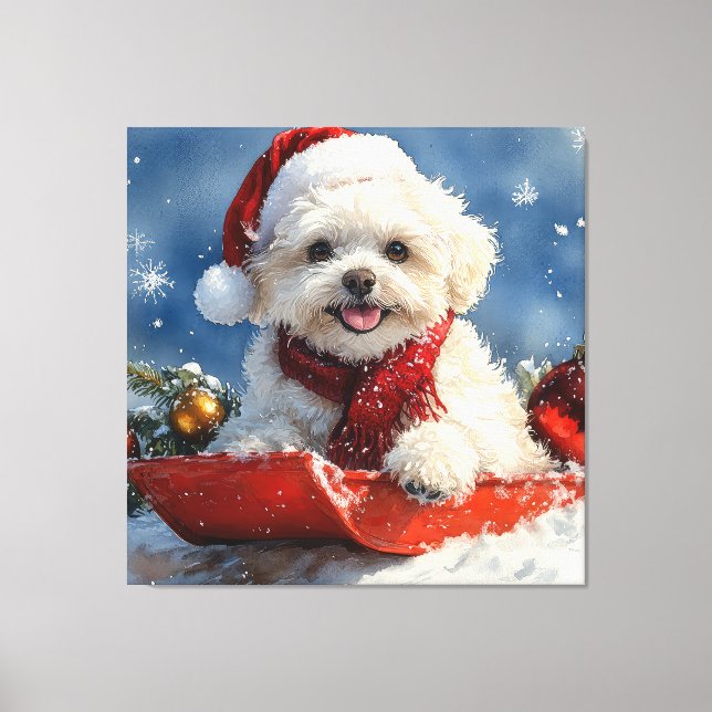 Bichon Frise Dog in Sledge Let it Snow Christmas  Canvas Print (Front)