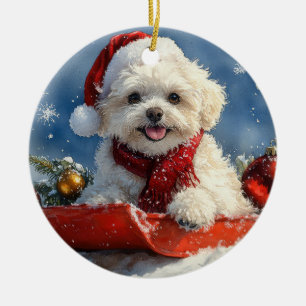 Bichon Frise Dog in Sledge Let it Snow Christmas  Ceramic Tree Decoration
