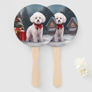 Bichon Frise Dog in Snow Christmas Hand Fan