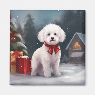 Bichon Frise Dog in Snow Christmas Magnet