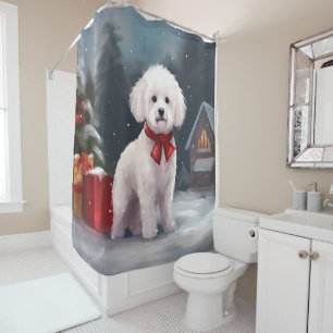 Bichon Frise Dog in Snow Christmas Shower Curtain