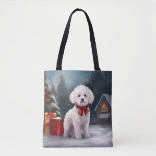 Bichon Frise Dog in Snow Christmas Tote Bag