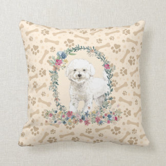 Bichon Frise Dog Paw Print & Floral Cute Cushion