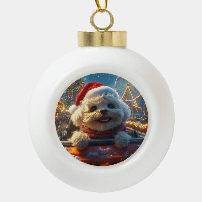 Bichon Frise Dog Roller Coaster Christmas Ceramic Ball Christmas Ornament (Front)
