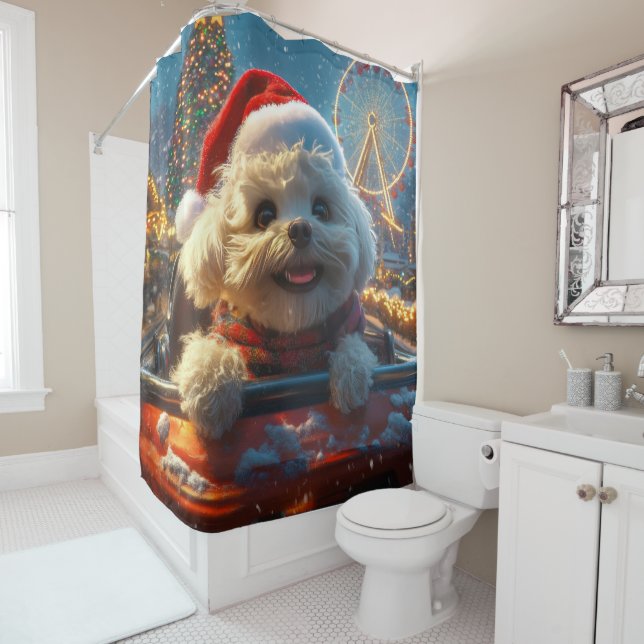 Bichon Frise Dog Roller Coaster Christmas Shower Curtain (In Situ)