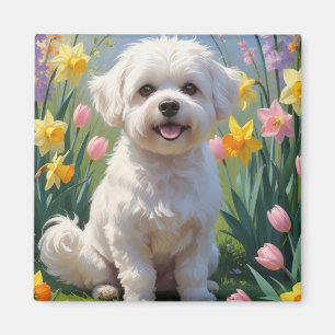 Bichon Frise Dog Spring Flowers Painting Magnet