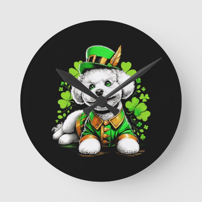 Bichon Frise Dog St Patrick's Day Round Clock (Front)