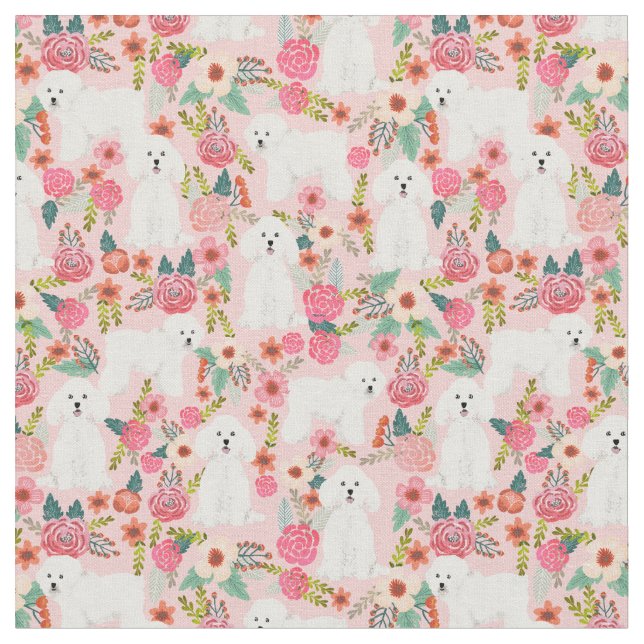 Bichon Frise dog vintage florals pink Fabric (Close Up)