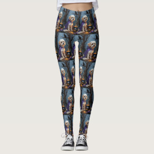 Bichon Frise Dog Whimsical Halloween Painting Leggings