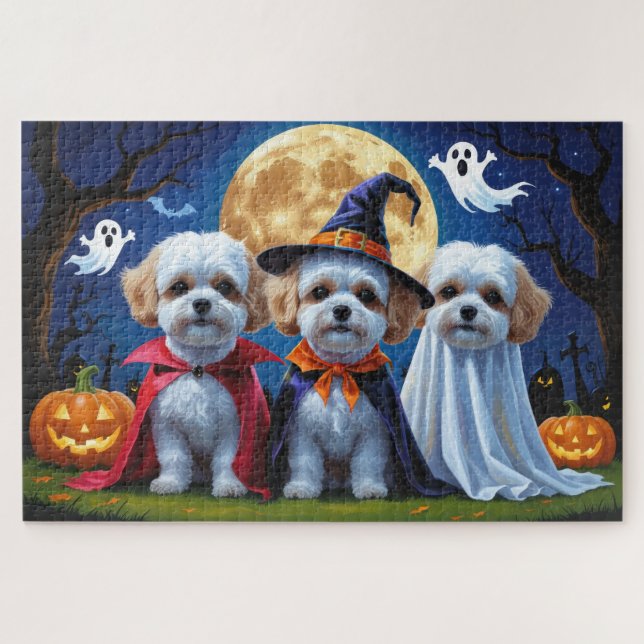 Bichon Frise Dogs Pumpkin Halloween Funny  Jigsaw Puzzle (Horizontal)