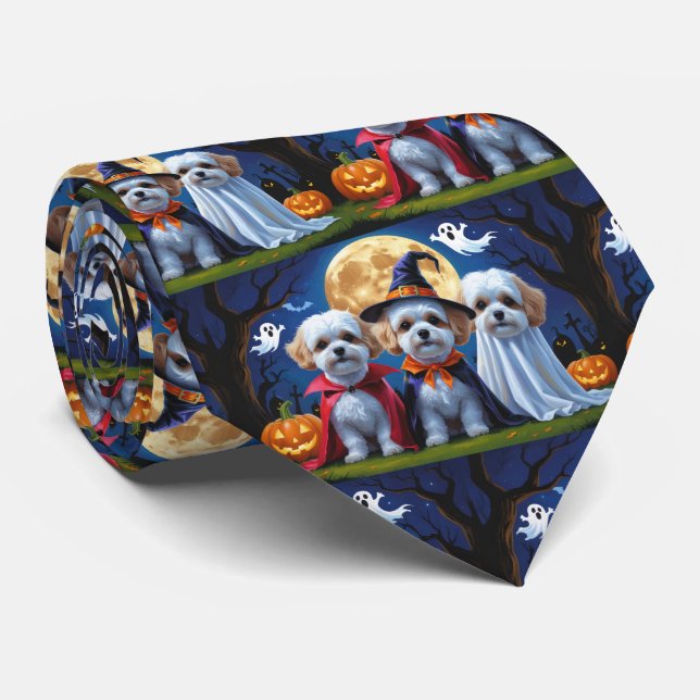 Bichon Frise Dogs Pumpkin Halloween Funny  Tie (Rolled)