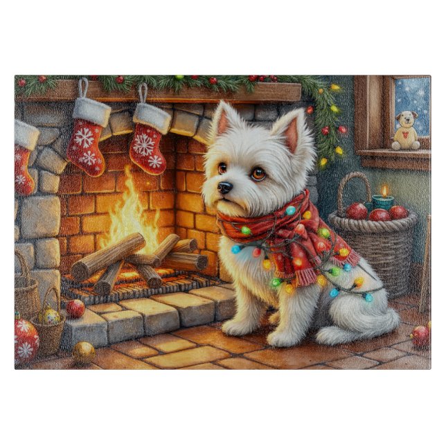 Bichon Frise Fireplace with Christmas Lights Cutting Board (Front)