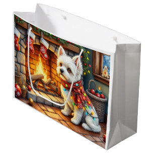 Bichon Frise Fireplace with Christmas Lights Large Gift Bag