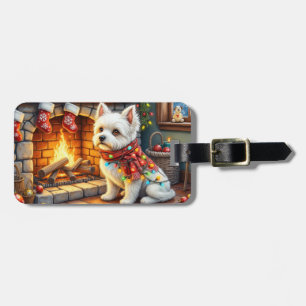 Bichon Frise Fireplace with Christmas Lights Luggage Tag